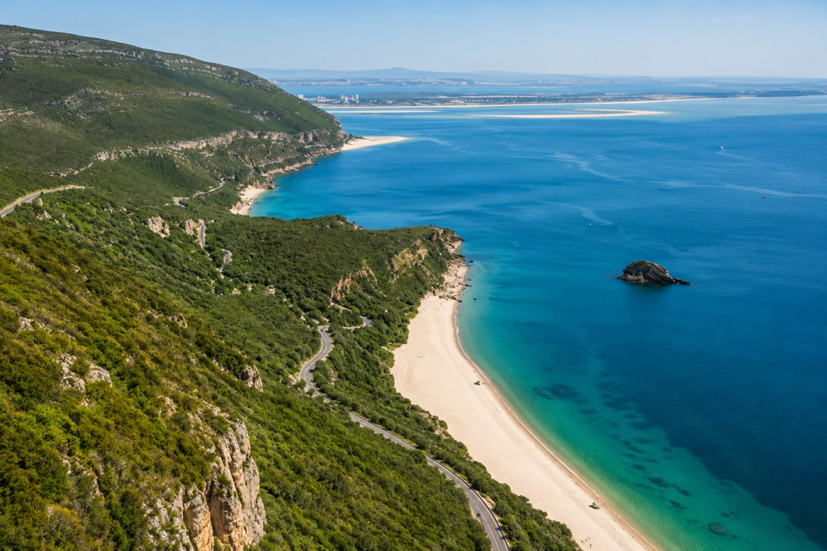 Vista panorâmica da Serra Natural da Arrábida com praias de areia branca, águas cristalinas e falésias verdes, um dos cenários naturais mais deslumbrantes de Portugal.
