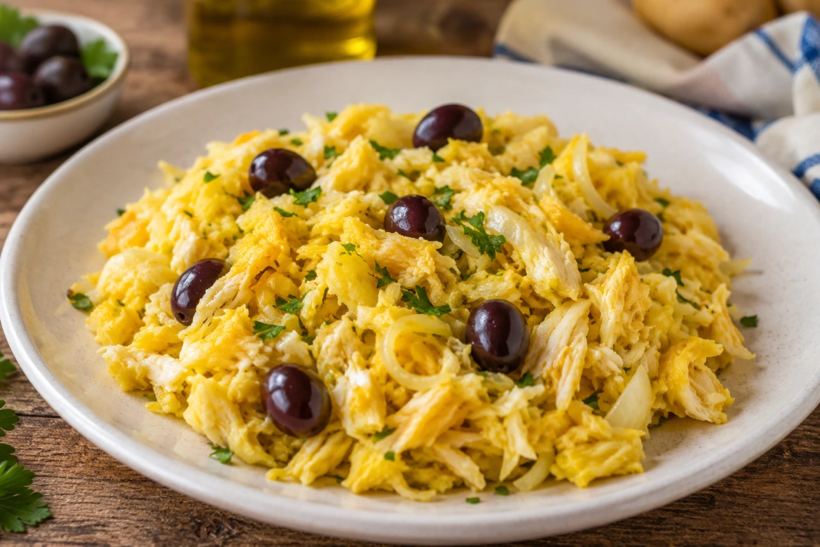 Autêntico Bacalhau à Brás, um prato tradicional português de bacalhau servido com ovos, cebola e azeitonas pretas