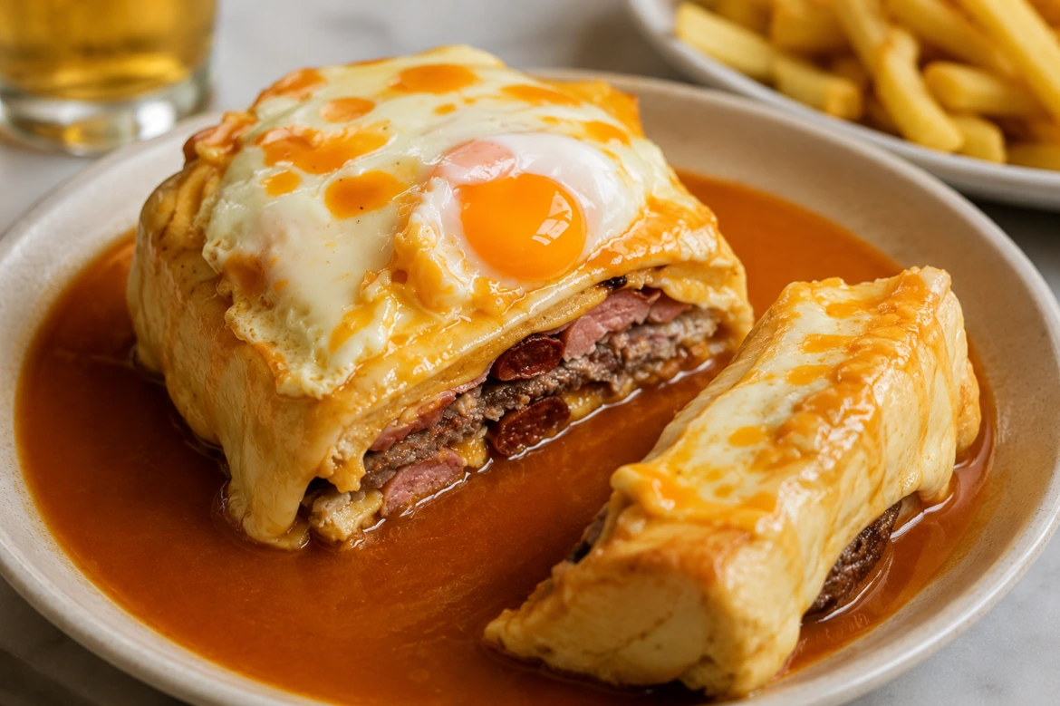 Autêntica Francesinha, a famosa sanduíche do Porto com queijo derretido, ovo estrelado e rico molho de cerveja