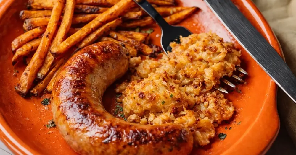 Autêntica alheira portuguesa servida com batatas assadas, uma especialidade tradicional do norte de Portugal