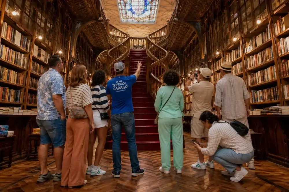 Guia explica o interior da Livraria Lello a visitantes junto à escadaria vermelha e às altas estantes de madeira, no Porto.