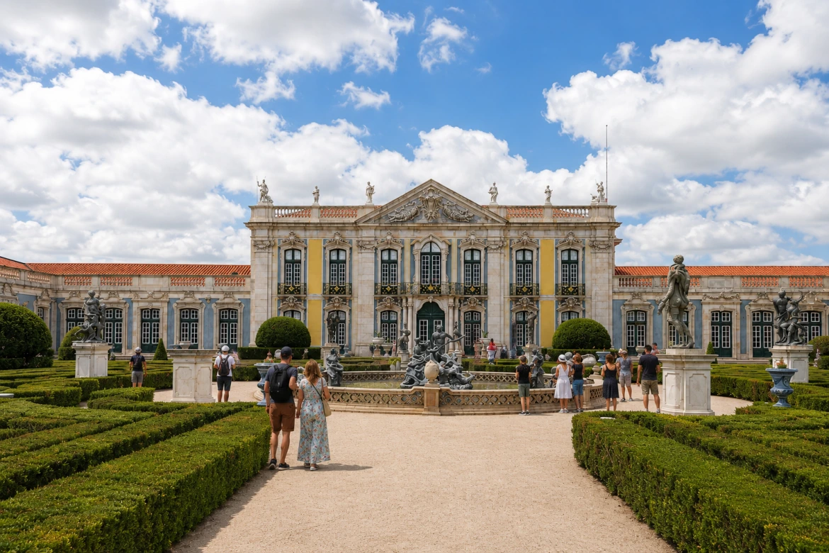 Turistas visitam os jardins formais do Palácio Nacional de Queluz, admirando a arquitetura barroca e as fontes ornamentais de um dos palácios reais mais emblemáticos de Portugal.